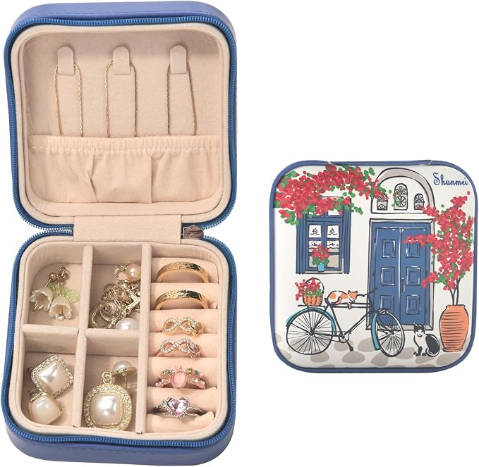 shunmei Mini Travel Jewelry Box,PU Leather Portable Jewelry Organizer Case,Art Accessories Storage Holder Boxes for Earring, Necklace, Rings, Bracelets (Two Cats) by KALUYA