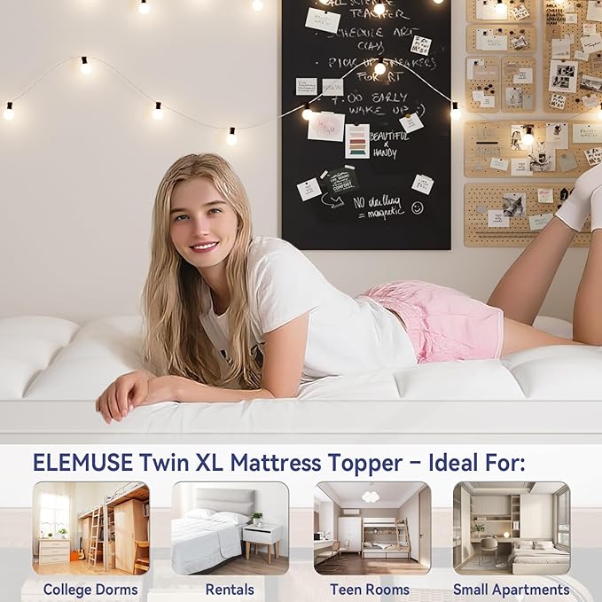 ELEMUSE Twin XL Mattress Topper for College Dorm Room Essentials, Thick Extra Long Twin Mattress Pad for Back Pain Relief, Plush Pillowtop with Elastic Deep Pocket, Overfilled Down Alternative Filling