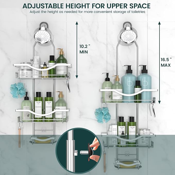 Shower Caddy Hanging Adjustable Shower Caddy, Rustproof Shower Organizer Extended Length Showers Caddy Over Shower Head with Hooks Soap Holder, Large Capacity Anti-Swing Bathroom Organizer, Silver - Image 2