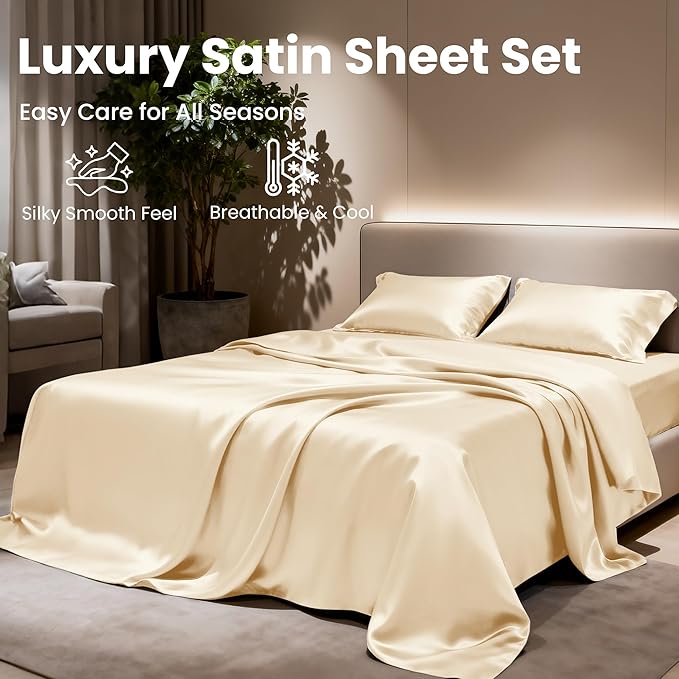 Love's cabin Satin King Sheet Sets - 4 Piece Beige Silky Sheets King Size Bed Set with Deep Pocket, Luxury Silk Feel King Size Satin Sheet Set (1 Flat Sheet,1 Fitted Sheet,2 Pillow Cases)