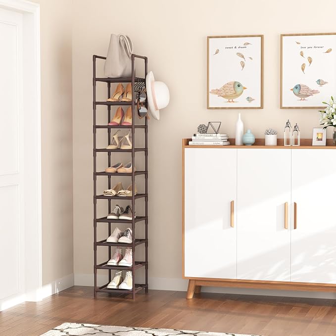 LANTEFUL Tall Shoe Rack 10-Tier Narrow Shoe Shelf Storage for 10-15 Pairs Shoe and Boot, Sturdy Shoe Storage Space Saving Corner Shoe Rack Organizer for Closet, Entryway, Living Room, Brown - Image 2