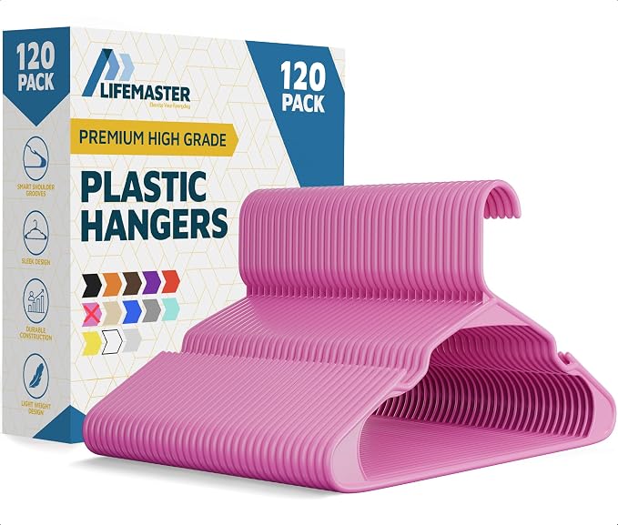 Lifemaster Plastic Clothes Hangers – Heavy Duty Hanger Set, for Organizing Clothes, Dresses, and Coat, Holds Up to 5 lbs, Space-Saving Hangers with Non-Slip Shoulder Grooves, Pack of 120, Pink by LIFEMASTER