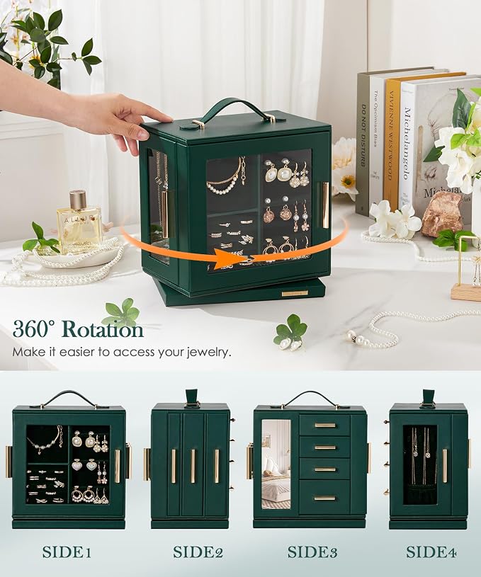 Homde Jewelry Box for Women Large: Rotating Organizer for Ring Earring Necklace Bracelet - 7 Drawers Storage for Dresser (Forest Green) - Image 3