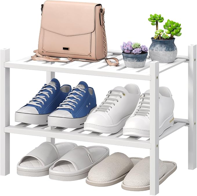 viewcare White Small Shoe Rack for Entryway,2-Tier Bamboo Shoe Organizer for Hallway Closet, Free Standing Shoe Racks for Indoor Outdoor by VIEWCARE
