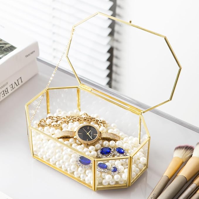 Glass Keepsake Organizer - Vintage Octagon Lidded Gold Home Decor Accent Box for Storage Rings, Bracelets - Image 2