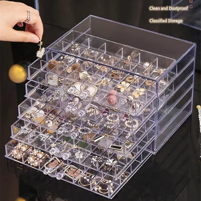 Feadily Acrylic Jewelry Organizer Box, Jewelry Drawer Organizer With 5 Drawers 120 Grids, Clear - Image 7