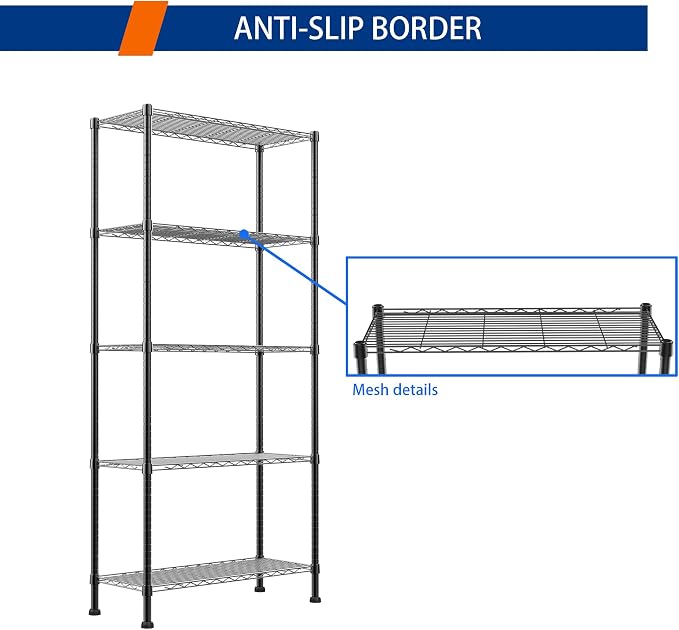 REGILLER 5-Wire Shelving Metal Storage Rack Adjustable Shelves,Standing Storage Shelf Units for Laundry Bathroom Kitchen Pantry Closet(Black,14.1" D x 30" W x 79" H) - Image 7