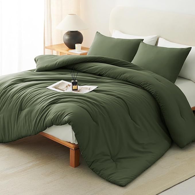 CozyLux Oversized Queen Comforter Set Olive Green, 3 Pieces 98x98 Solid Breathable Quilted Bedding Sets All Season, Luxury Soft Lightweight Bed Set with Down Alternative Comforter and 2 Pillowcases