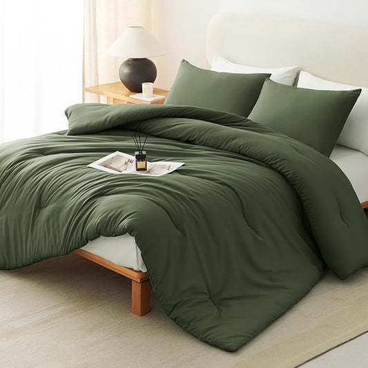 CozyLux Oversized Queen Comforter Set Olive Green, 3 Pieces 98x98 Solid Breathable Quilted Bedding Sets All Season, Luxury Soft Lightweight Bed Set with Down Alternative Comforter and 2 Pillowcases