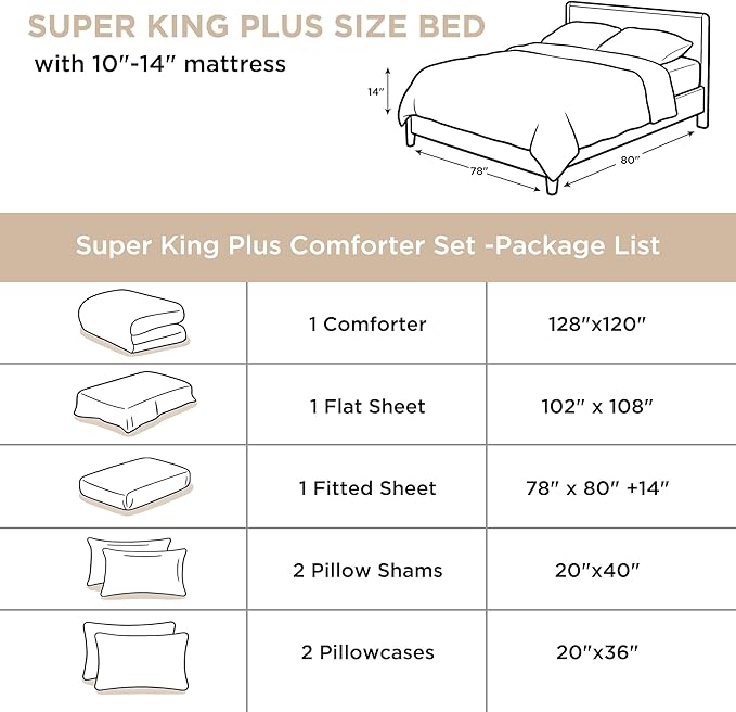 Andency Super King Plus Comforter Set - 7 Pieces Bed in a Bag Oversize Bedding Comforter Sets Oatmeal, Winter Solid Soft Lightweight Comforter with Fitted Sheets, Flat Sheets, Pillowcases & Shams