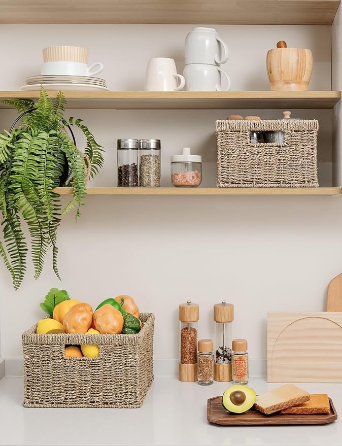 StorageWorks Wicker Storage Baskets, Handwoven Seagrass Basket for Organizing, Decorative Wicker Baskets with Built-in Handles, Set of 2 - Image 7