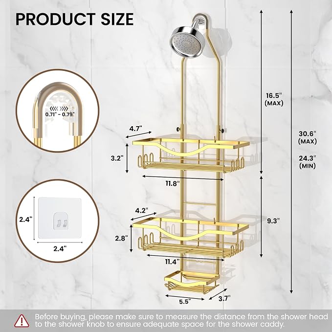 Shower Caddy Hanging Adjustable Shower Caddy, Rustproof Shower Organizer Extended Length Showers Caddy Over Shower Head with Hooks Soap Holder, Large Capacity Anti-Swing Bathroom Organizer, Gold - Image 6