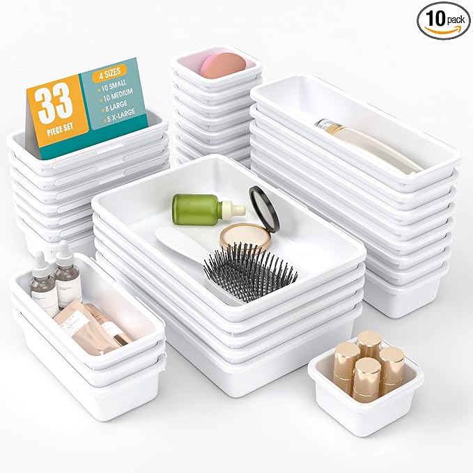 33 PCS Drawer Organizer Set, 4 Size Makeup Drawer Divider Organizer With Non-Slip Pads, Interlocking Plastic Storage Bins for Office,Jewelry Vanity,Gadgets, Bathroom,Kitchen, White by StoreHappily