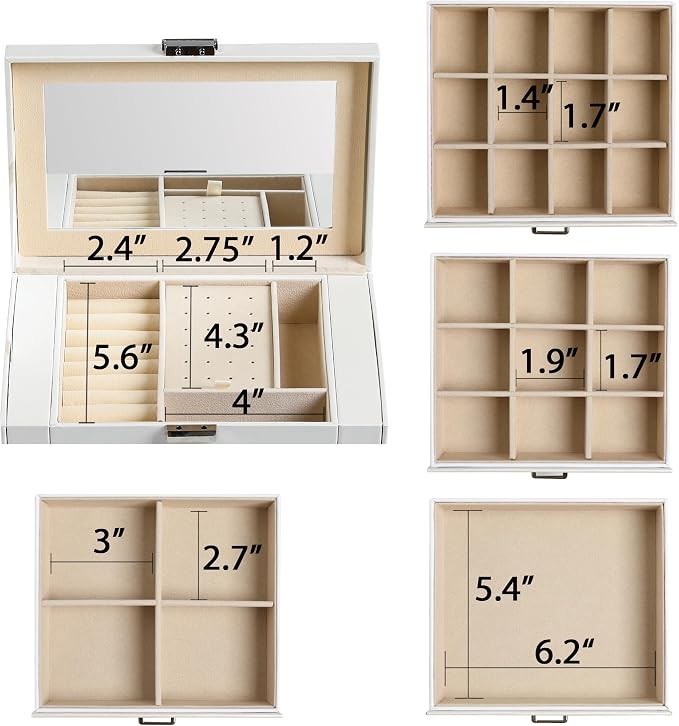 Frebeauty 5-layer Jewelry Box,Faux Leather Jewelry Organizer with 4 Drawers,Jewelry Organizers and Storage with Mirror,Jewelry Holder Organizer for Necklace,Jewerly Boxes for Women Girls(White) - Image 4