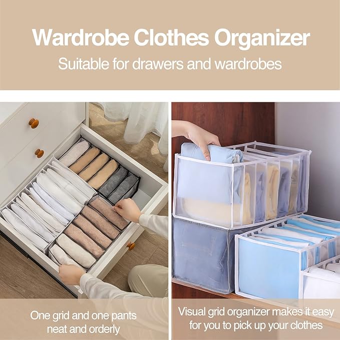 Wardrobe Clothes Organizer, 7 Grids Washable Portable Closet Organizer Mesh Separation Storage Box Foldable Closet Drawer Organizer for Underwear, Socks, Scarves, Jeans (Grey, 2 Jeans Grid) - Image 4
