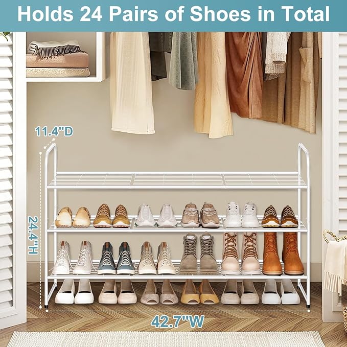 AOODA Long 3 Tier Metal Shoe Rack for Closet Wide Stackable Shoe Storage Organizer for Entryway, Bedroom, Floor, 24-Pairs Men Sneakers Boot Shelf with Wire Grid, White - Image 3