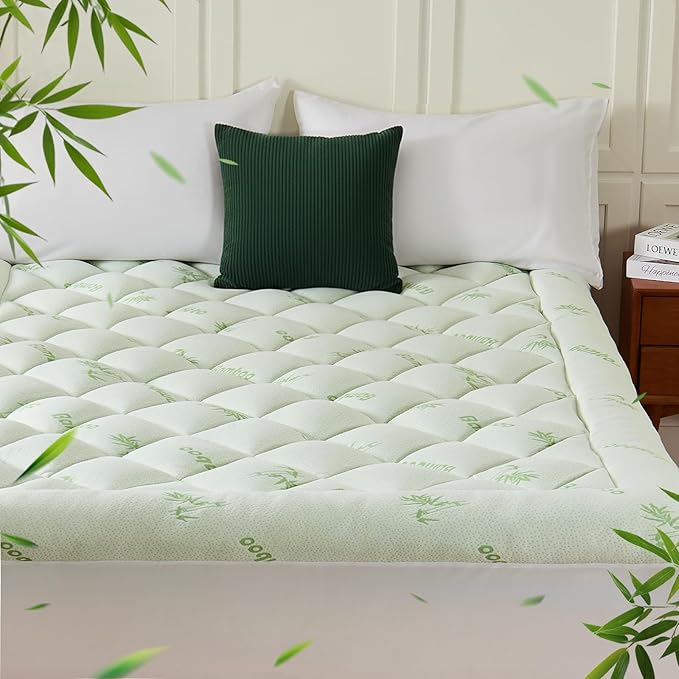 King Mattress Topper, Viscose Derived from Bamboo Thick Pillow Top Mattress Pad with Deep Pocket, Naturally Cooling for Hot Sleepers, Soft for Back Pain Relief, Premium Green
