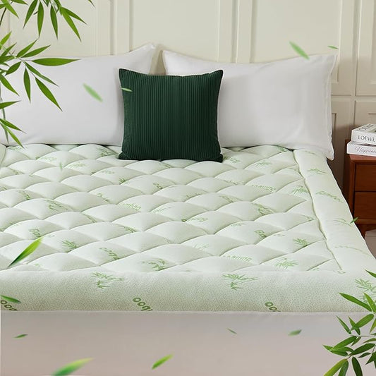 Queen Mattress Topper, Viscose Derived from Bamboo Thick Pillow Top Mattress Pad with Deep Pocket, Naturally Cooling for Hot Sleepers, Soft for Back Pain Relief, Premium Green