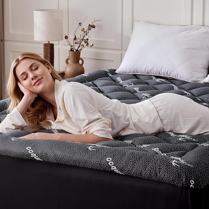 Full Mattress Topper, Viscose Derived from Bamboo Thick Pillow Top Mattress Pad with Deep Pocket, Naturally Cooling for Hot Sleepers, Soft for Back Pain Relief, Premium Dark Grey