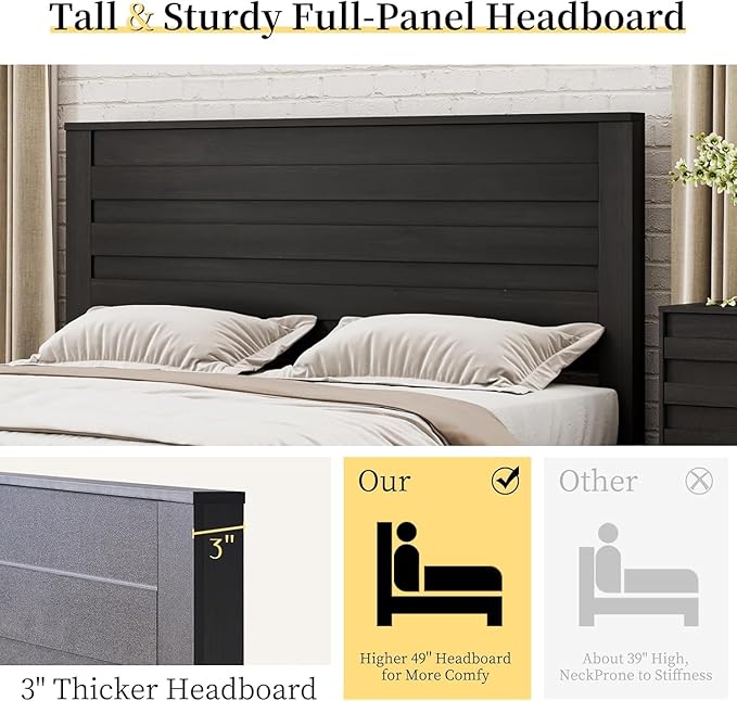 LUXOAK 3 Pcs Bedroom Furniture Sets - Includes Farmhouse Queen Size Bed Frame with 49" Tall Headboard and Nightstand Sets of 2 with Charging Station, Slated Handles & Stainless Steel Feet, Black