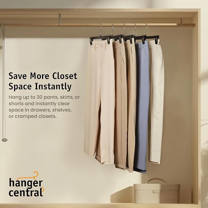Hanger Central 30 Pack Pants Hangers Slim Plastic Clothes Hangers with Clips for Skirts, Shorts & Trousers – Non Slip Grip, Heavy Duty Space Saver with Swivel Hook – Black Closet Organizer - 12 Inch - Image 4