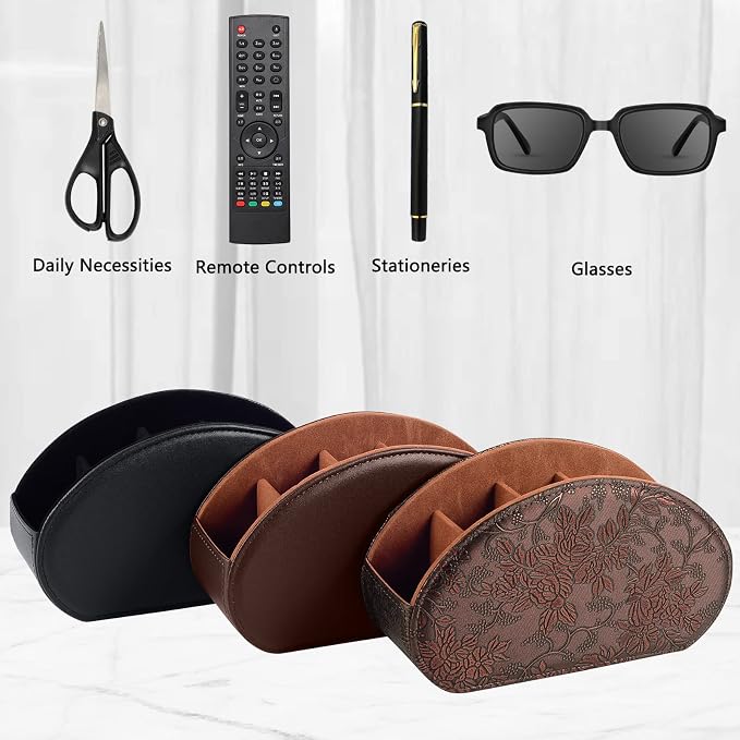 Leather Remote Control Holder TV Remote Caddy Store Box, Bedside Table Organizer for Controller, Media Player, Brush, Glasses, Note Paper and Pen Storage(Retro) - Image 2