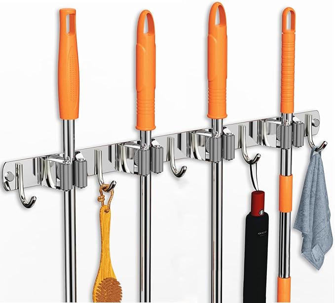 CUXIXA Mop and Broom Holder Wall Mount, Upgraded Broom Organizer Wall Mount, Stainless Steel Broom Hanger Wall Mount for Home Kitchen Garden Laundry Garage (4 Racks with 5 Hooks Silver) by CUXIXA