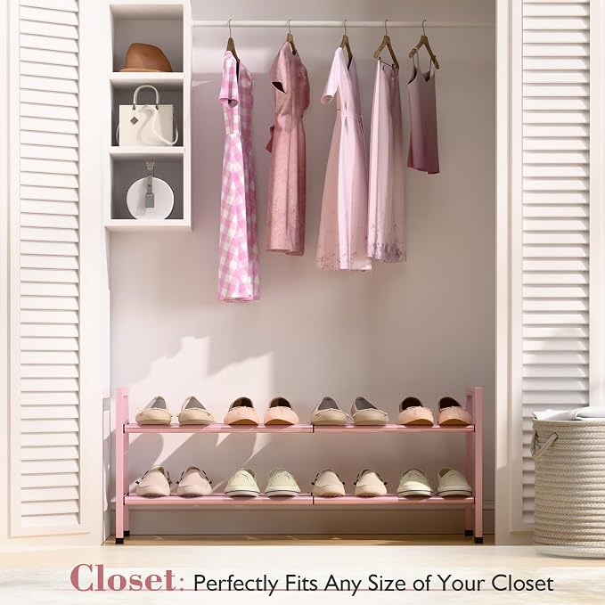 Bumusty 2-Tier Expandable Shoe Rack for Closet, 18“-33” Adjustable Shoe Rack for Small Space, Small Shoe Organizer for Front Door, Sturdy Metal, Pink - Image 2