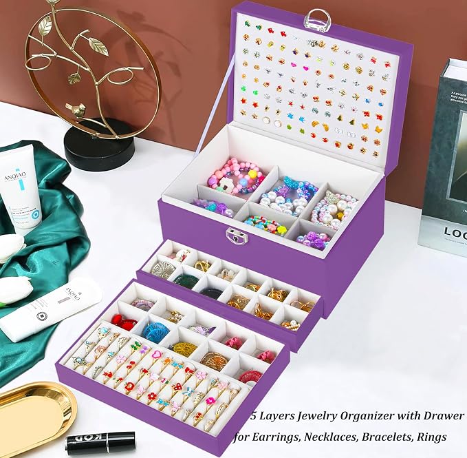 QBestry Earrings Jewelry Box for Girls, 5 Layers Jewelry Organizer with Earring Holder Organizer for Girls Earring Organizer Jewelry Boxes for Women Earrings and Necklaces Jewelry Box Organizer Purple - Image 8