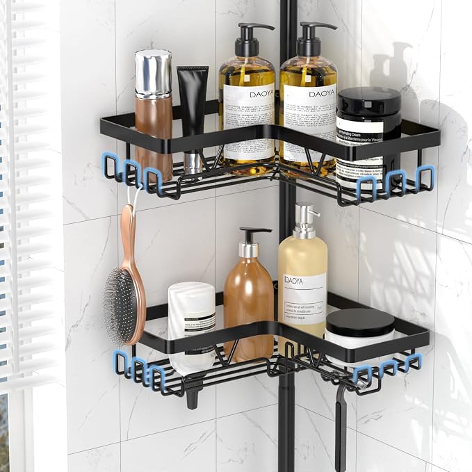 DAOYA Shower Caddy Tension Pole, 4 Adjustable Corner Shower Caddy with 2 Towel Bars & 2 Soap Holders, Expands 25 to 114.2 Inches, Black Stainless Steel for bathroom/Tub/Corner - Image 5