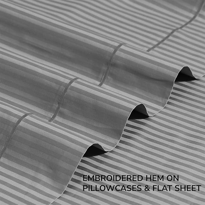 Feather & Stitch 500 TC Twin Size Damask Bed Sheet Set, 100% Cotton Soft Breathable Bedsheets, 3 Piece 18" Deep Pockets Sateen Weave Striped Bedding Mattress Resort Hotel Luxury- (Grey Stripe)