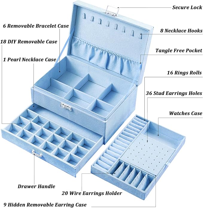 QBestry 3-Layer Jewelry Box for Girls & Teens with Lock and Key, Large Jewelry Organizer with 8 Necklace Hooks & 56 Earring Holes, Blue Velvet Jewelry Storage Box for Necklaces Earrings Rings Bracelet - Image 8