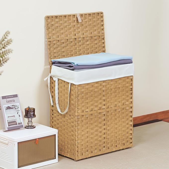 DUMOS Woven Laundry Basket with Lid, 90L Large Capacity Hamper, Removable & Machine-Washable Liner, Foldable Rattan Clothes Hamper, Sturdy Steel Frame, Odor Control, Goose Yellow - Image 8