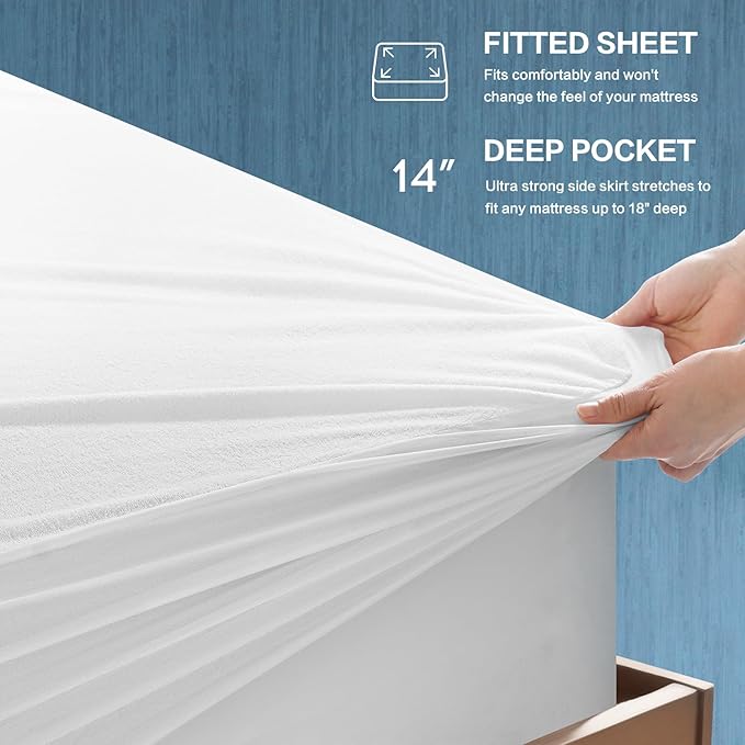 TASTELIFE Waterproof Full Size Mattress Protector, Soft Breathable Mattress Pad Cover, Noiseless Waterproof Bed Cover - Stretch to 18" Fitted Deep Pocket Mattress Protection Cover (White)