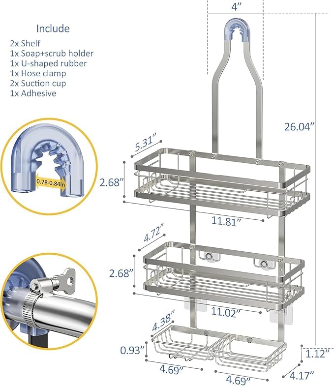 OMAIRA Shower Caddy Hanging with Soap Scrub Holder, Stainless Steel Adjustable No Drilling Non-Slip Large Capacity Sturdy Over Shower Head Shower Organizer Inside Shelves Bathroom Storage Rack, Silver - Image 7