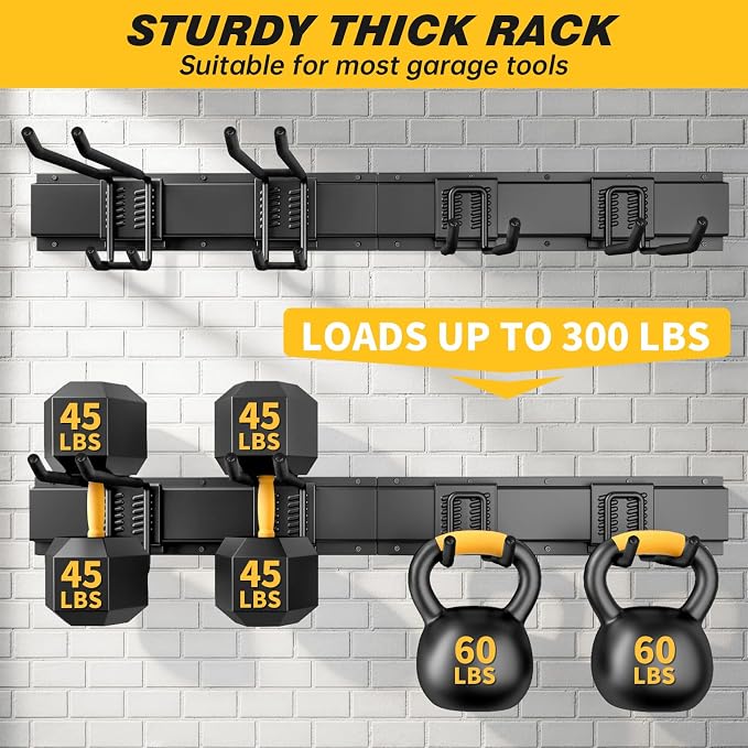UUP 32 Inches Garage Storage, Garage Organization, Wall Mount Garden Tool Organizer, Max 300lbs Adjustable Metal Hooks, Yard Shed Hanging Rack, Heavy Duty Shelving for Rake Broom Mop Snowboard - Image 2