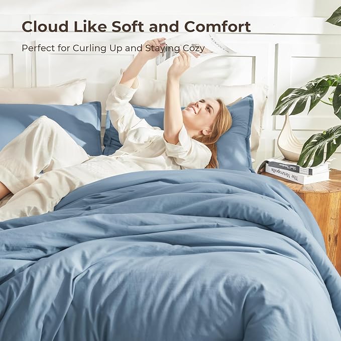Litanika Comforters Grayish Blue Oversized Queen Size, 3 Pieces Lightweight Solid Bedding Comforter Set, All Season Fluffy Bed Set (98x98In Comforter & 2 Pillowcases)
