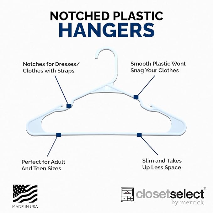 Plastic Hangers 50 Pack, Strong Space Saving Clothes Hanger, Made in USA, Perfect Shirt or Coat Plastic Hanger, with Shoulder Grooves, White, Notched - Image 5