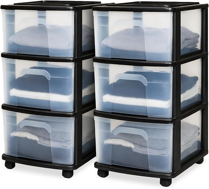 HOMZ 2-Pack Drawer Tower, 3-Tier Clear Plastic Storage Organizer Cart, Black Frame - Organizing Containers with Wheels for Home, Bathroom, Bedroom, Office, and Classroom by Homz