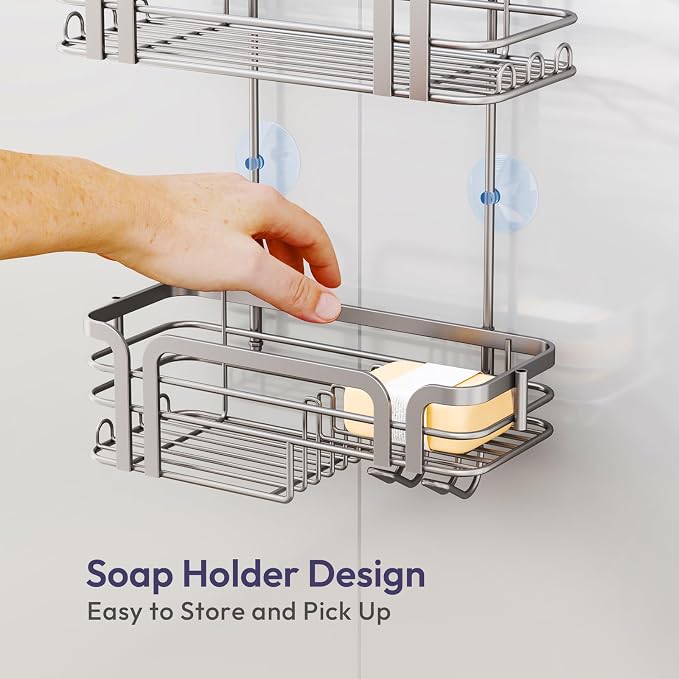 SWTYMIKI Shower Caddy Hanging Organizer - Over the Door Shower Caddy with Soap Holder, 11 Hooks, 2 Installation Ways, Stainless Steel Rustproof Bathroom Organizer, Sand Nickel - Image 5