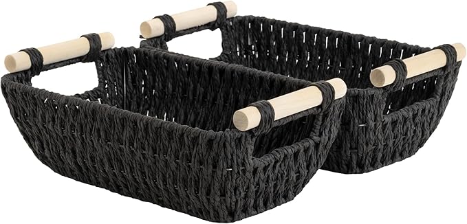 StorageWorks Black Wicker Storage Basket for Organizing with Wooden Handles, Small Woven Basket for Shelf, Toilet Paper, 2-Pack by StorageWorks