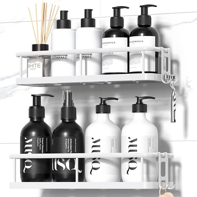 YASONIC Shower Caddy Adhesive, No Drill Bathroom Shower Organizers, with Removable Hooks, Rust Proof Shower Shelves, Wall-Mounted Shower Holder, White, 2 Pack - Image 9