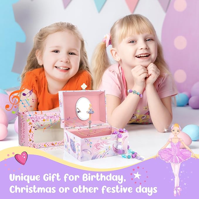 Girls' Musical Jewelry Box Organizer with Jewelry Set - Pink Purple Spinning Ballerina Theme, Swan Lake Tune - Jewelry Storage and Music Box for Girls - Image 2