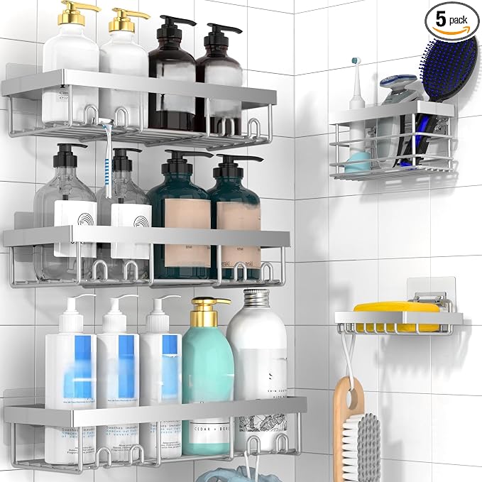 Moforoco Adhesive Shower Caddy Organizer Shelves Rack - 5 Pack Corner Bathroom Storage Organization, Home & Kitchen Decor Inside RV Accessories, Hanging First Apartment Household Camper Essentials by MOFOROCO