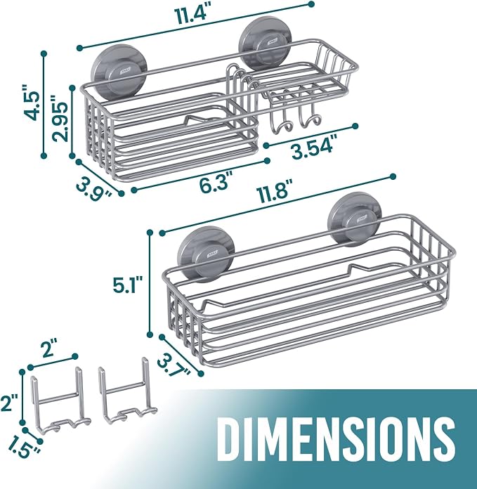 TAILI Shower Caddy Suction Cup 2 Pack with Hooks & Soap Holder, Heavy Duty Shower Organizer for Bathroom, No Drilling Bathroom Organizer with Large Capacity, Metal Storage Holder-Grey - Image 6