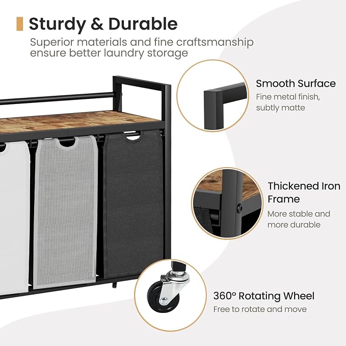 SwaaVee Laundry Hamper, Laundry Basket, Laundry Sorter with 3 Removable Bags, Clothes Basket with 3 Compartments, Wheels, Shelf for Laundry Room Bathroom Bedroom (3 Bags-Black Grey White) - Image 5