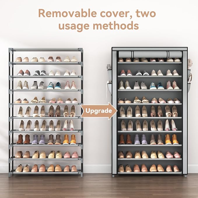 LANTEFUL Shoe Rack with Covers 10 Tier Tall Shoe Rack Organizer Large Capacity Shoe Shelf Storage 40 Pairs Space Saving Free Standing Shoe Storage Organizer for Closet, Entryway, Dorm, Grey - Image 5