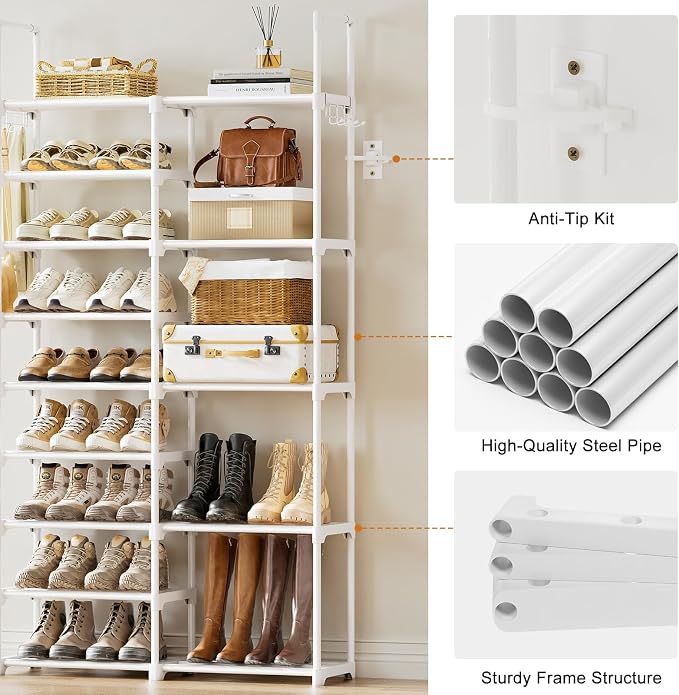 WOWLIVE 9 Tiers White Shoe Rack for Closet Shoe Rack Storage Organizer for Entryway 30-35 Pairs Stackable Shoe Shelf for Front Entrance Metal Pipes with Plastic Connectors - Image 7