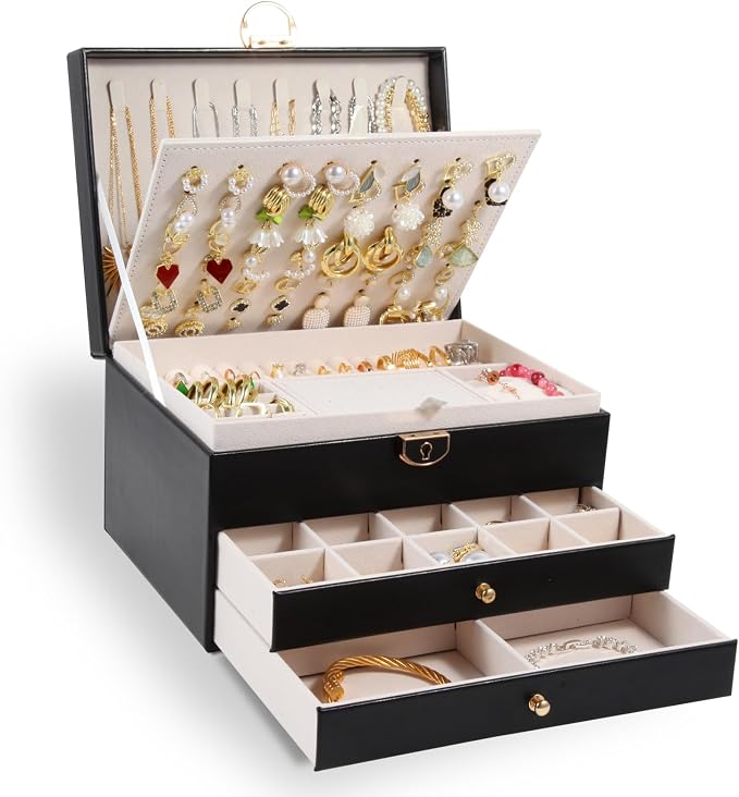 3-Layer Jewelry Box for Women, Jewelry Organizers and Storage with Removable Jewelry Tray, Vintage Quilted Top Lockable Jewelry Holder Gift Idea Black by Unimoly