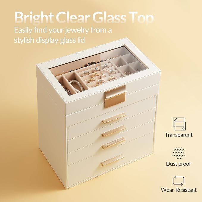 Somduy Jewelry Box, 5 Layers Jewelry Storage Display Box with Glass Lid for Women, 4 Drawers,Large Capacity for Necklace Earrings Bracelets Rings,White - Image 3